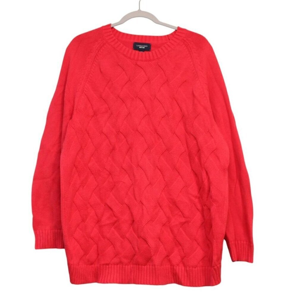 Lands End Drifter Sweater Size 2X Red Cable Knit 100% Cotton Classic Preppy